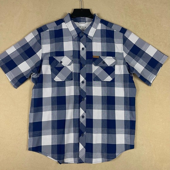 Orvis Mens L Button Up Shirt Short Sleeve‎ Blue Plaid Pockets Lightweight - Picture 1 of 11